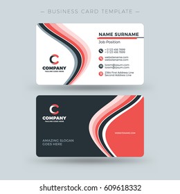 Double-sided Business Card Template with Abstract Red and Black Waves Background. Vector Illustration. Stationery Design