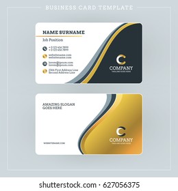 Double-sided Business Card Template with Abstract Golden and Black Waves Background. Vector Illustration. Stationery Design