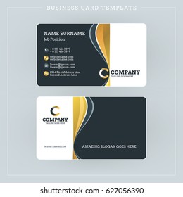 Double-sided Business Card Template with Abstract Golden and Black Waves Background. Vector Illustration. Stationery Design