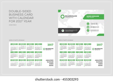 Double-sided business card template with calendar for 2017 year. Week starts Monday. Week starts Sunday. Landscape orientation. Vector Illustration