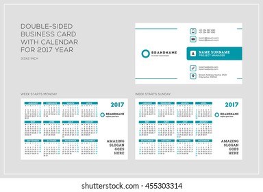 Double-sided business card template with calendar for 2017 year. Week starts Monday. Week starts Sunday. Landscape orientation. Vector Illustration