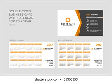 Double-sided business card template with calendar for 2017 year. Week starts Monday. Week starts Sunday. Landscape orientation. Vector Illustration