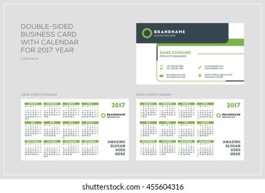 Double-sided business card template with calendar for 2017 year. Week starts Monday. Week starts Sunday. Landscape orientation. Vector Illustration
