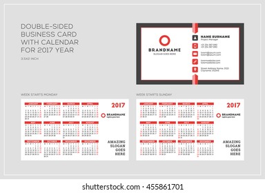 Double-sided business card template with calendar for 2017 year. Week starts Monday. Week starts Sunday. Landscape orientation. Vector Illustration