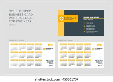 Double-sided business card template with calendar for 2017 year. Week starts Monday. Week starts Sunday. Landscape orientation. Vector Illustration