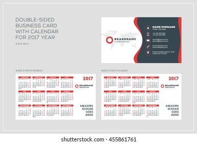 Double-sided business card template with calendar for 2017 year. Week starts Monday. Week starts Sunday. Landscape orientation. Vector Illustration