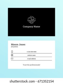 Double-sided business card template. Information on the black lines on white background. Black cover. Trust the professionals slogan. US standard size 3.5x2 in. With bleed size 0.125 in. Vector.