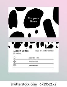 Double-sided business card template. Information on the black lines on white background. Trust the professionals slogan. US standard size 3.5x2 in. With bleed size 0.125 in. Vector. Animal print.