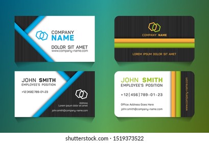 Double-sided business cards vector design set. Modern business card templates with place for logo, company name, employee's name and position, phone number, website and company office address.