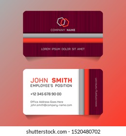 Double-sided business cards vector design set. Red business card templates with place for logo, company name, employee's name and position, phone number, website and company office address.