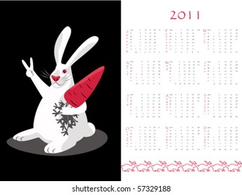 Double-sided calendar 2011, white bunny character, vector illustration.