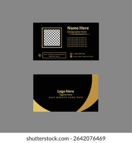 Double-sided corporate, professional, minimalist and modern business card template with golden and black color. Landscape orientation and horizontal layout. Vector illustration.