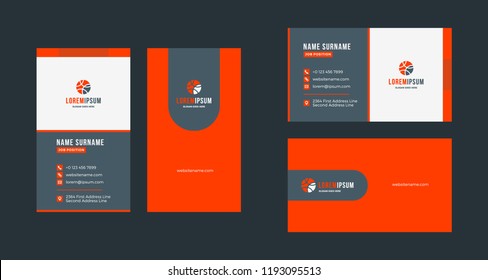 Double-sided creative business card template. Portrait and landscape orientation. Horizontal and vertical layout. Red and black color theme. Vector illustration