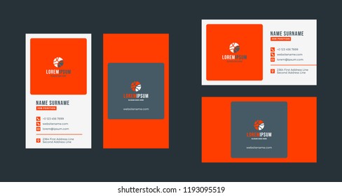 Double-sided creative business card template. Portrait and landscape orientation. Horizontal and vertical layout. Red and black color theme. Vector illustration