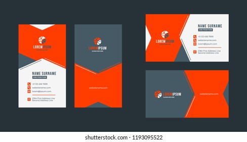 Double-sided creative business card template. Portrait and landscape orientation. Horizontal and vertical layout. Red and black color theme. Vector illustration