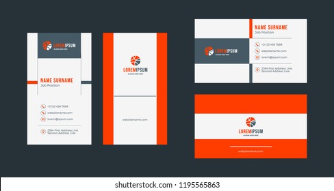 Double-sided creative business card template. Portrait and landscape orientation. Horizontal and vertical layout. Red and black color theme. Vector illustration