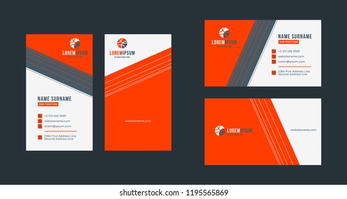 Double-sided creative business card template. Portrait and landscape orientation. Horizontal and vertical layout. Red and black color theme. Vector illustration