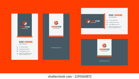 Double-sided creative business card template. Portrait and landscape orientation. Horizontal and vertical layout. Red and black color theme. Vector illustration