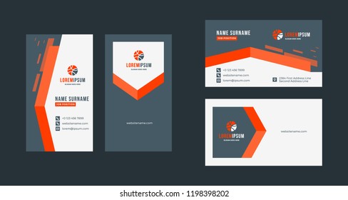Double-sided creative business card template. Portrait and landscape orientation. Horizontal and vertical layout. Red and black color theme. Vector illustration