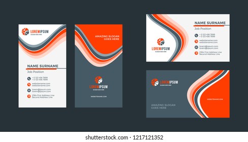 Double-sided creative business card template. Portrait and landscape orientation. Horizontal and vertical layout. Red and black color theme. Vector illustration