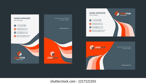 Double-sided creative business card template. Portrait and landscape orientation. Horizontal and vertical layout. Red and black color theme. Vector illustration