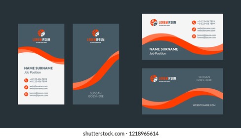 Double-sided creative business card template. Portrait and landscape orientation. Horizontal and vertical layout. Red and black color theme. Vector illustration