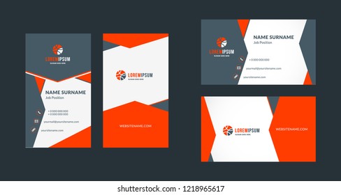 Double-sided creative business card template. Portrait and landscape orientation. Horizontal and vertical layout. Red and black color theme. Vector illustration