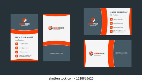 Double-sided creative business card template. Portrait and landscape orientation. Horizontal and vertical layout. Red and black color theme. Vector illustration