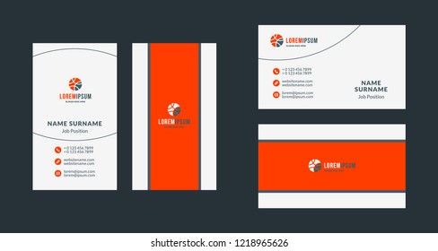 Double-sided creative business card template. Portrait and landscape orientation. Horizontal and vertical layout. Red and black color theme. Vector illustration