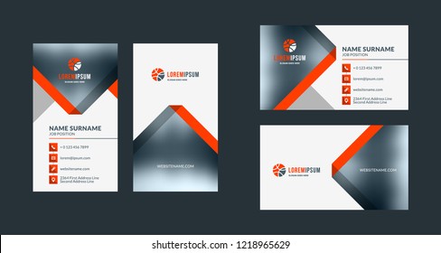 Double-sided creative business card template. Portrait and landscape orientation. Horizontal and vertical layout. Red and black color theme. Vector illustration