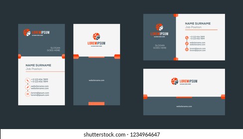 Double-sided creative business card template. Portrait and landscape orientation. Horizontal and vertical layout. Red and black color theme. Vector illustration