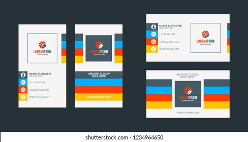 Double-sided creative business card template. Portrait and landscape orientation. Horizontal and vertical layout. Red and black color theme. Vector illustration