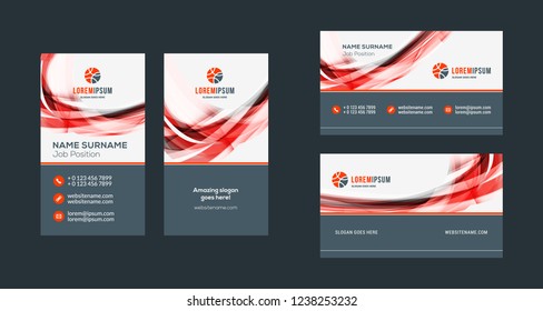 Double-sided creative business card template. Portrait and landscape orientation. Horizontal and vertical layout. Red and black color theme. Vector illustration