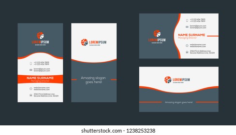 Double-sided creative business card template. Portrait and landscape orientation. Horizontal and vertical layout. Red and black color theme. Vector illustration
