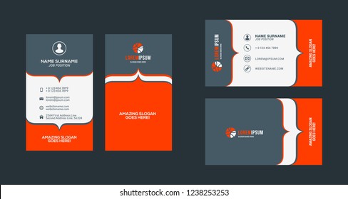 Double-sided creative business card template. Portrait and landscape orientation. Horizontal and vertical layout. Red and black color theme. Vector illustration