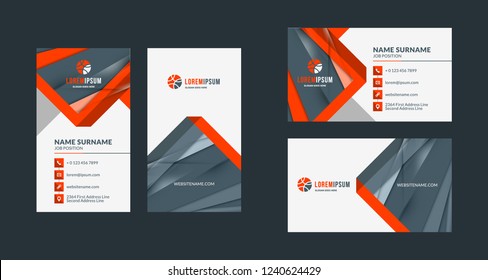 Double-sided creative business card template. Portrait and landscape orientation. Horizontal and vertical layout. Red and black color theme. Vector illustration