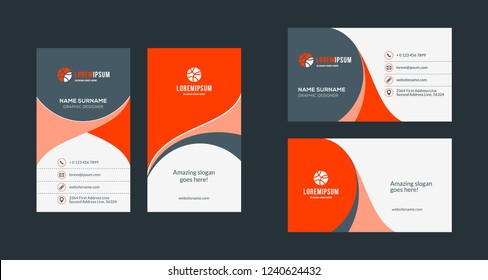 Double-sided creative business card template. Portrait and landscape orientation. Horizontal and vertical layout. Red and black color theme. Vector illustration