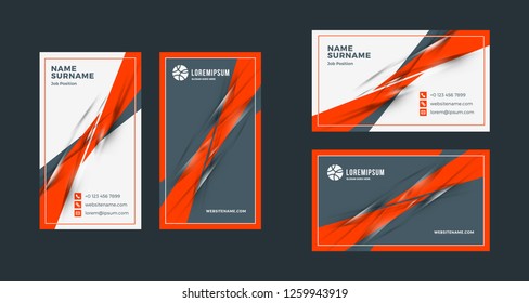 Double-sided creative business card template. Portrait and landscape orientation. Horizontal and vertical layout. Red and black color theme. Vector illustration