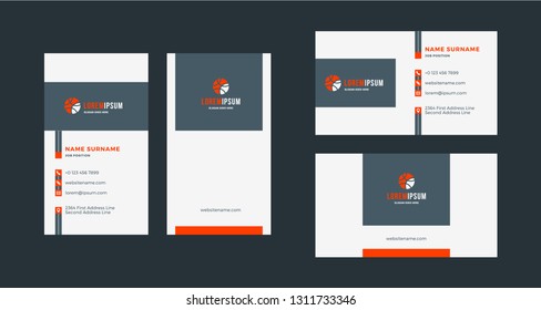 Double-sided creative business card template. Portrait and landscape orientation. Horizontal and vertical layout. Red and black color theme. Vector illustration