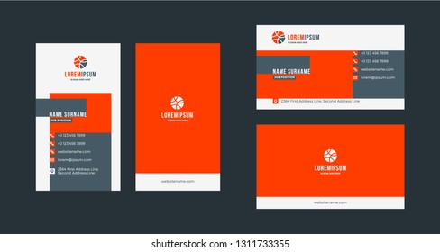 Double-sided creative business card template. Portrait and landscape orientation. Horizontal and vertical layout. Red and black color theme. Vector illustration