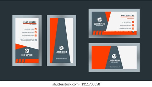 Double-sided creative business card template. Portrait and landscape orientation. Horizontal and vertical layout. Red and black color theme. Vector illustration