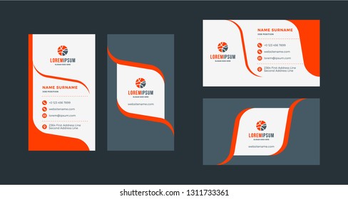 Double-sided creative business card template. Portrait and landscape orientation. Horizontal and vertical layout. Red and black color theme. Vector illustration
