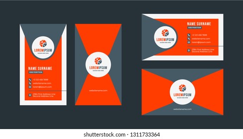 Double-sided creative business card template. Portrait and landscape orientation. Horizontal and vertical layout. Red and black color theme. Vector illustration
