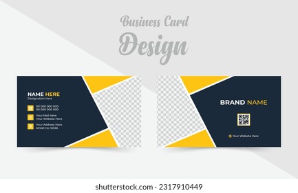 Double-sided creative business card template with yellow and dark blue color. Landscape orientation. Horizontal layout. Vector illustration.