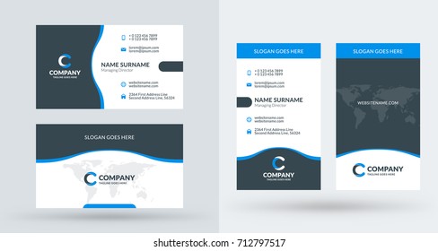 Double-sided creative business card template. Portrait and landscape orientation. Horizontal and vertical layout. Vector illustration