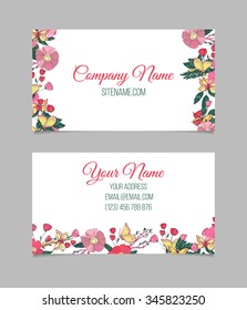 Double-sided floral business card with hand drawn small flowers and butterfly on white background