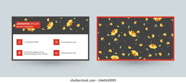 Double-sided horizontal business card template with cute floral background. Vector mockup illustration. Stationery design