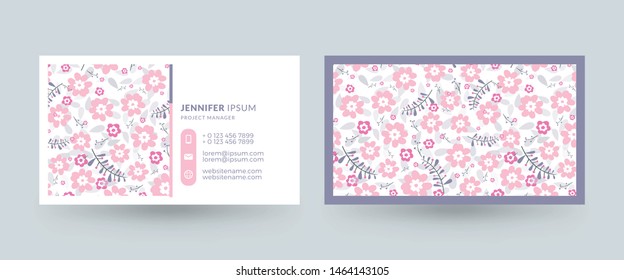 Double-sided horizontal business card template with cute floral background. Vector mockup illustration. Stationery design