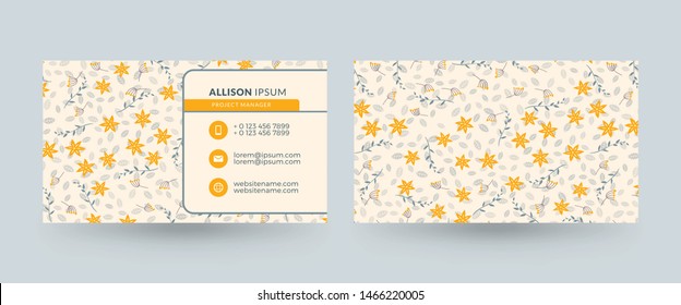 Double-sided horizontal business card template with cute floral background. Vector mockup illustration. Stationery design