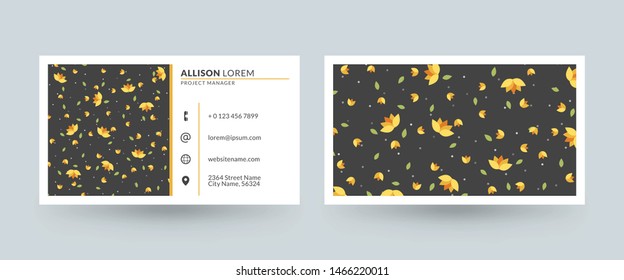 Double-sided horizontal business card template with cute floral background. Vector mockup illustration. Stationery design